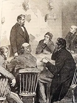 East End Prints: 1870, An official speaking with representatives of the poor living in Paradise Court slums