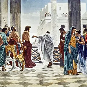 1870s PONTIUS PILATE PRESENTING THE SCOURGED JESUS TO THE CROWD SAYING ECCE HOMO BEHOLD THE MAN PAINTING BY ANTONIO