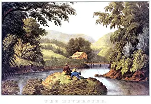 Dreams Prints: 1870s THE RIVERSIDE - PAINTING BY F F PALMER - CURRIER & IVES LITHOGRAPH - 1870