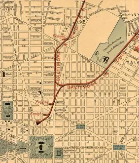 Routes Prints: Detail of a 1893 Map of Washington, DC showing the B&O Railway lines
