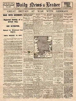 Reporting Prints: 1914 Daily News & Leader front page reporting War declared on Germany by Britain and France