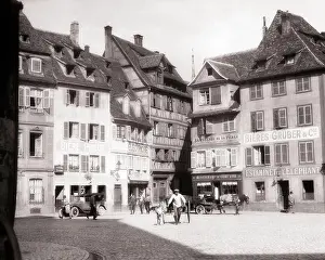 Old Fashion Prints: 1920s COBBLESTONE STREETS LINED WITH RESTAURANTS CAFES HORSE AND WAGON MAN WITH HIS DOG PEDESTRIANS STRASBOURG ALSACE