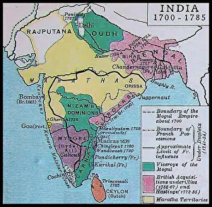 Kolkata Prints: A 1922 map showing India in the 18th century including the former Mogul Empire and British & French possessions