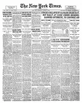 Wall Street Prints: 1929 New York Times (USA) front page reporting the Wall Street Crash