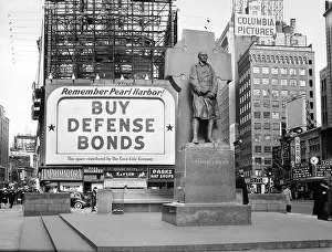 Grown Up Prints: 1940s BUY DEFENSE BONDS BILLBOARD AT STATUE OF FATHER DUFFY OF THE FIGHTING 69th OF WORLD WAR I AT TIMES SQUARE NEW
