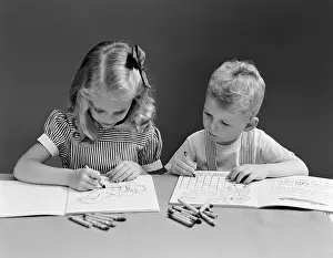 Sibling Prints: 1940s TWO CHILDREN COLORING DRAWING IN BOOK