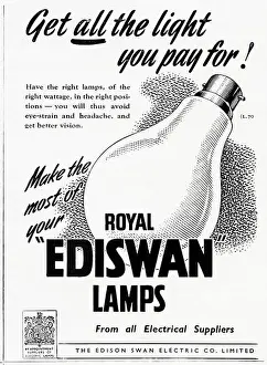 1940s old vintage original advert advertising Ediswan electric light bulbs by Royal Appointment in English magazine