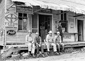 Old Fashion Prints: 1940s FIVE SENIOR MEN IN FARM WORK CLOTHES ON FRONT PORCH OF RURAL GENERAL STORE OZARK MOUNTAINS NEAR ELKINS ARKANSAS