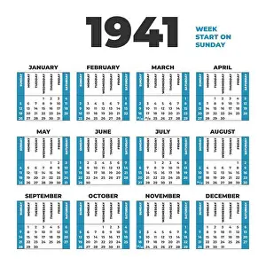 Monday Prints: 1941 year vector calendar. Weeks start on Sunday