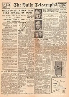 Hiroshima Prints: 1945 Daily Telegraph front page reporting Atom Bomb Dropped On Hiroshima