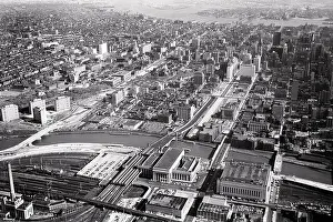 Old Fashion Prints: 1950s 1959 AERIAL VIEW EAST TO CENTER CITY ACROSS SCHUYLKILL RIVER 30TH STREET TRAIN STATION IN FOREGROUND PHILADELPHIA
