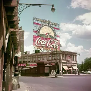 Old Fashion Prints: 1950s COCA COLA SIGN WITH TEMPERATURE ABOVE BUS STATION AT THE NORTH END OF COLUMBUS CIRCLE NOW LOCATION OF TRUMP HOTEL