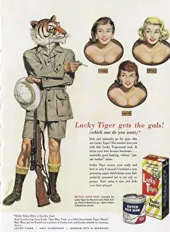 Hair Care Prints: 1957 Lucky Tiger Ad. Lucky Tiger Gets the Trophy Girl?