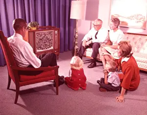 Hars Prints: 1960s 1970s FAMILY FATHER MAN MOTHER WOMAN SON BOY DAUGHTER GIRL GRANDFATHER GRANDMOTHER WATCHING TELEVISION RETRO