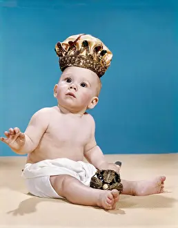 Diaper Prints: 1960s BABY WEARING CLOTH DIAPER AND CROWN HOLDING A SCEPTER