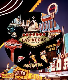 Old Fashioned Prints: 1960s MONTAGE OF VINTAGE GAMBLING CASINO NEON SIGNS AT NIGHT LAS VEGAS NEVADA USA