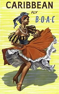 Editor's Picks: 1960's Vintage BOAC Airline Poster for 'Caribbean fly BOAC' with colorful dancer in typical