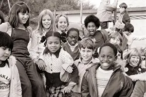 Old Fashion Prints: 1970s GROUP OF DIVERSE SCHOOL CHILDREN OUT FOR RECESS IN PLAYGROUND POSING FOR A GROUP PORTRAIT SMILING - j14363 HAR001