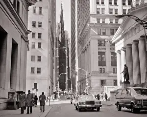 Nostalgic Prints: 1970s VIEW DOWN WALL STREET TO TRINITY CHURCH FEDERAL HALL WITH GEORGE WASHINGTON STATUE IS ON RIGHT MANHATTAN NEW YORK