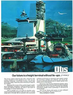 Commercials Prints: 1975 Otis Elevator ad - Our future is a frieght terminal without tie-ups John Berkey Art
