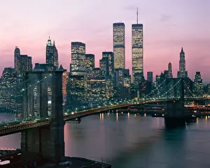 Hars Prints: 1980 1980s RETRO NEW YORK CITY NY DOWNTOWN SKYLINE AT DUSK
