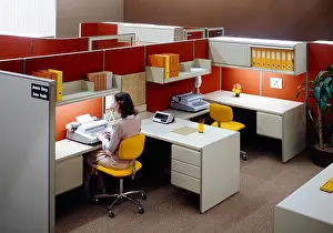 Executives Prints: 1980s open space office with woman typing