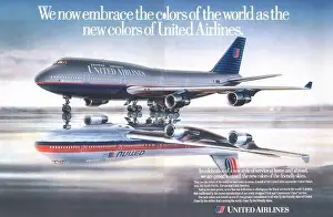 Commercials Prints: 1993 United Airlines 'Battleship Gray' new livery Boeing 777 Ad