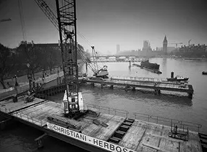 1996, construction works on the river Thames at Hungerford Bridge, London, South East England, UK