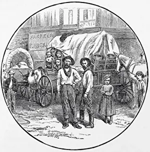 Illustrate Prints: A 19th Century and newly arrived emigrant family and their wagon in Kansas
