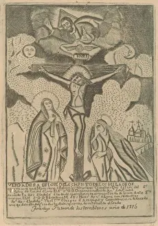 Peruvian Prints: A 19th century Peruvian Crucifixion depicts the scene of Christ on the cross with surrounding figures