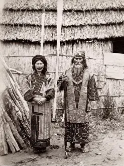 19th century vintage photograph: Japan - portrait of an Ainu Aino couple Hokkaido, Japan c.1880s