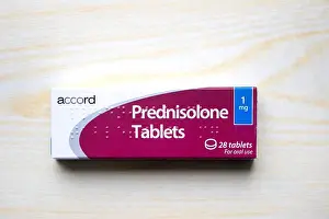 Tablets Prints: 1mg Accord Prednisolone steroid tablets box isolated background medicine to treat allergies blood disorders skin