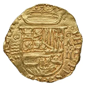 Valladolid Prints: A 2 escudos coin from Spain, issued by King Philip II of Spain