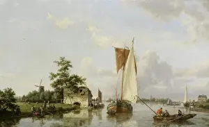 2017 02 Hermanus Koekkoek Dutch river scene with a sailing barge, fishermen and figures gathered on the bank