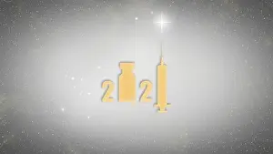 Viral Prints: 2021 new year background with stars and coronavirus vaccine with gold and silver lettering