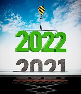 Objective Prints: 2022 number carried by crane replaces 2021. 3D illustration