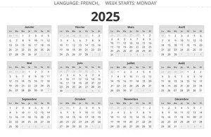 Francais Prints: 2025 french calendar. Editable vector illustration in grey colors for France