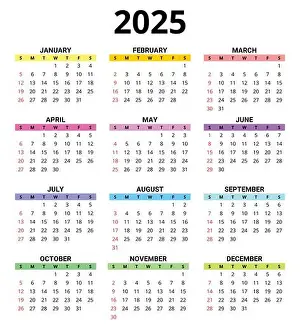 Week Date Prints: 2025 month printable color calendar