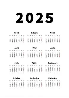 Saturday Prints: 2025 year simple vertical calendar in spanish language, typographic calendar on white