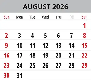 Schedule Prints: 2026 August calendar. English monthly vector page with Sunday start