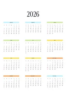 Strict Prints: 2026 calendar template in classic strict style with multicolor elements