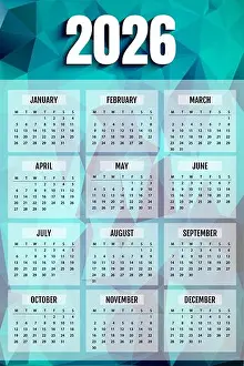 Teal Prints: 2026 calendar vector template on geometric background