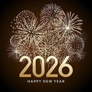 Glittering Prints: 2026 fireworks poster, gold number, New Year greeting card