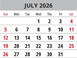 2026 July calendar. English monthly vector page with Sunday start