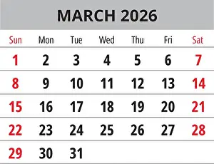 2026 March calendar. English monthly vector page with Sunday start