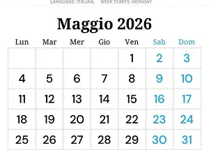 Calendario Prints: 2026 May Italian calendar planner – Maggio. Month vector illustration for Italy