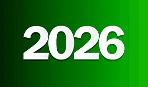 Happy Party Prints: 2026 Text. White numbers on green background