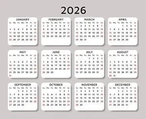 Sunday Prints: 2026 year calendar. English vector modern illustration design. Week starts sunday