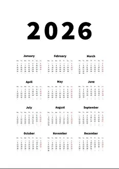Calender Prints: 2026 year simple vertical calendar in english language, typographic calendar on white