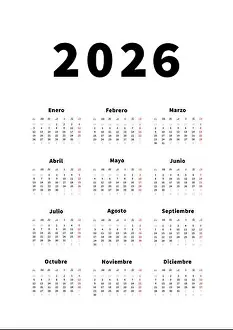 2026 year simple vertical calendar in spanish language, typographic calendar isolated on white